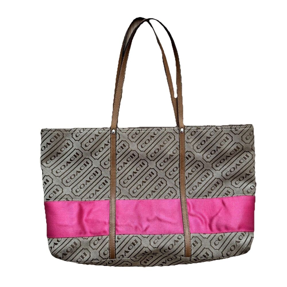 Coach Signature Lozenge Logo Canvas Shoulder Tote Bag PINK STRIPE